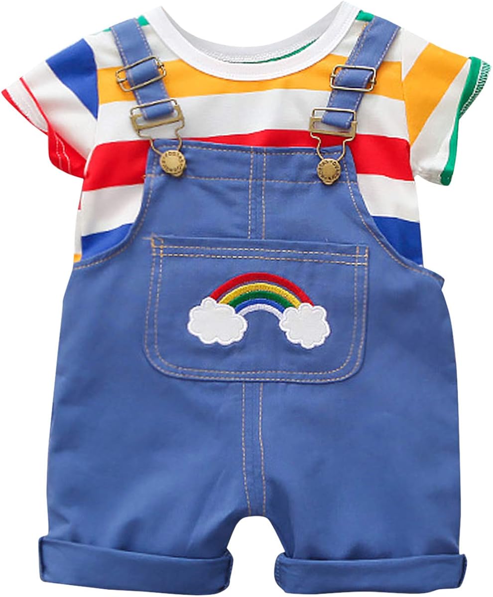 Evelin LEE Baby Boys Girls 2pcs Short Sleeve Raninbow Striped T-Shirts + Adjustable Denim Bib Pants