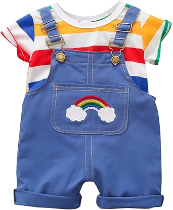 Evelin LEE Baby Boys Girls 2pcs Short Sleeve Raninbow Striped T-Shirts + Adjustable Denim Bib Pants