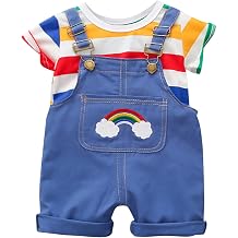 Evelin LEE Baby Boys Girls 2pcs Short Sleeve Raninbow Striped T-Shirts + Adjustable Denim Bib Pants
