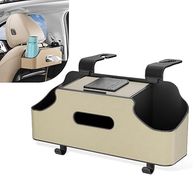 Car Back Seat Storage Box, Leather Car Seat Back Multifunctional Organizer, Detachable Partition Design Backseat Storage Box for Cars, Great Fit for Kids and Travel Beige