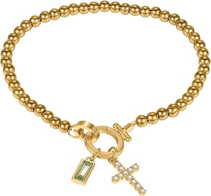 Cross Charm Birthstone Bracelet for Women-18K Gold Plated Stainless Steel Beaded Chain Blue Crystal Gemstone & CZ Cross Adjustable Faith Bracelet for Everyday Birthday & Religious Gifts