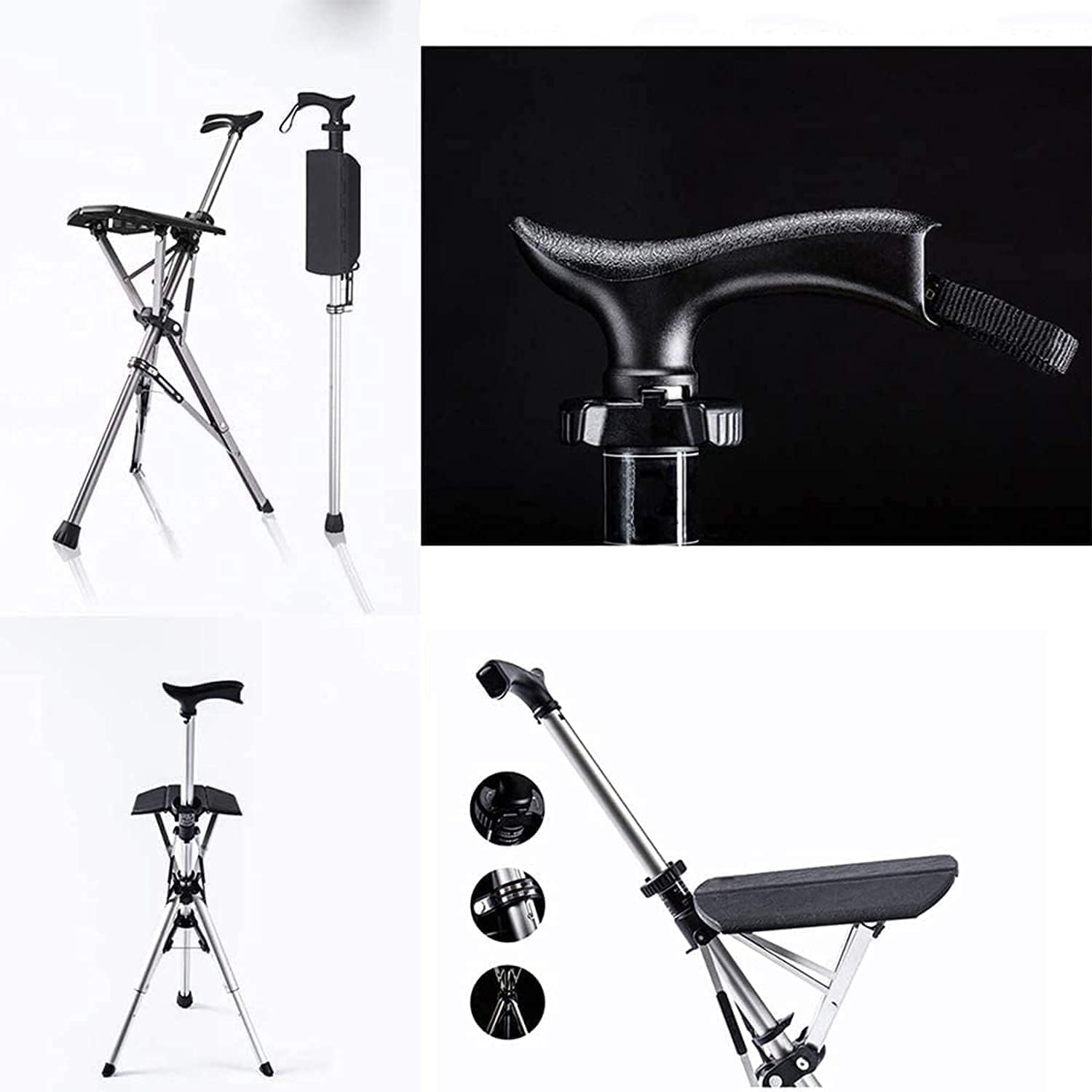Taburete plegable con base de bastón Bastón con asiento Bastón plegable para viajes Bastón de equilibrio ligero Unisex para personas mayores Taburete de descanso para viajes al aire libre Carga máxi