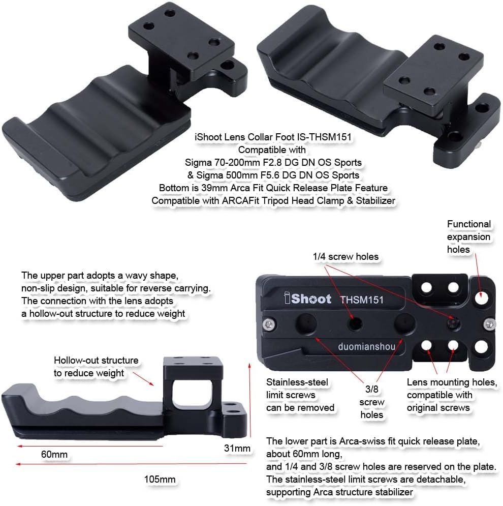 iShoot Lens Collar Stand Replacement Foot Tripod Mount Ring Base Compatible with Sigma 70-200mm F2.8 DG DN OS Sports & 500mm F5.6 DG DN OS Sports, Support Bracket w/Arca-Swiss Fit Quick Release Plate