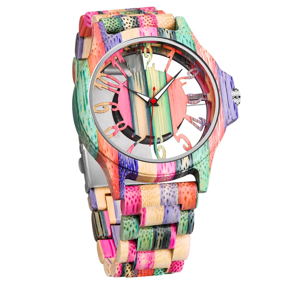 Wooden Watches for Men Handmade Colorful Bamboo Engraved Wood Watch Analog Quartz Men's Wooden Watch