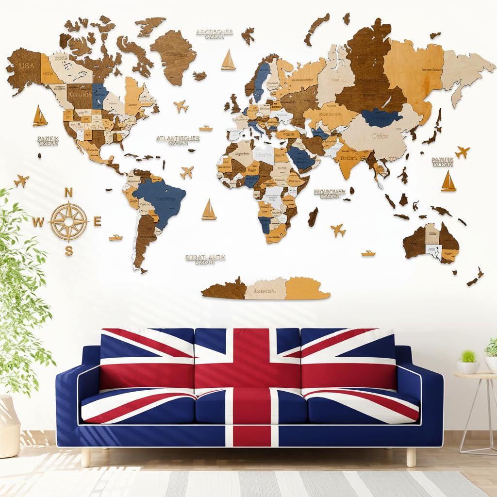 WOW WOOD® Premium Wall Decor 3D Wooden World Map in English with Pins | Tool-free Wall Mounting | Gift idea for any celebration | Wall Decoration for Home and Office | Multi Colour, M (120x62cm)