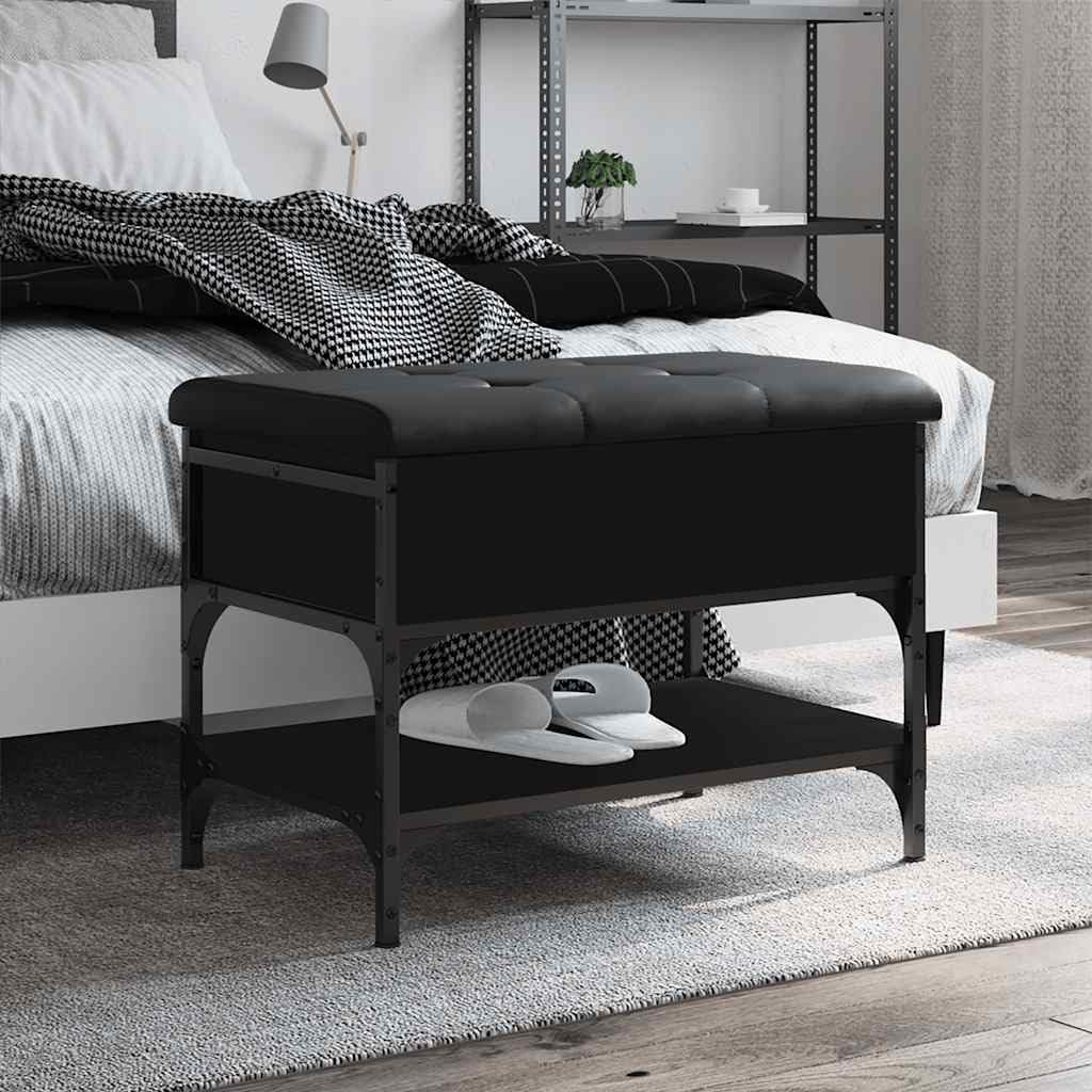 Banc de rangement bois noir 62x42x45 cm avec coussin en cuir synthétique
