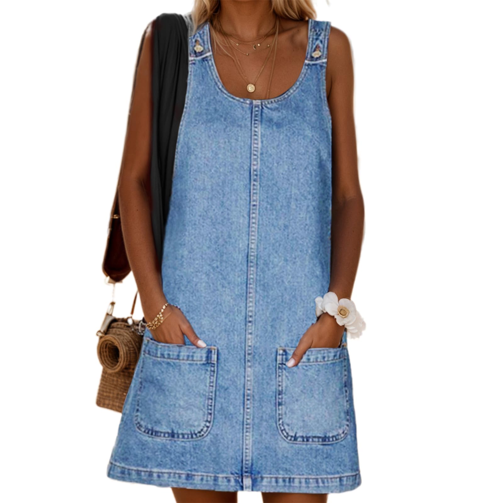 Women's Summer Denim Sleeveless Mini Dress Vintage Casual Loose Jean Overall Tank Dress with Pockets