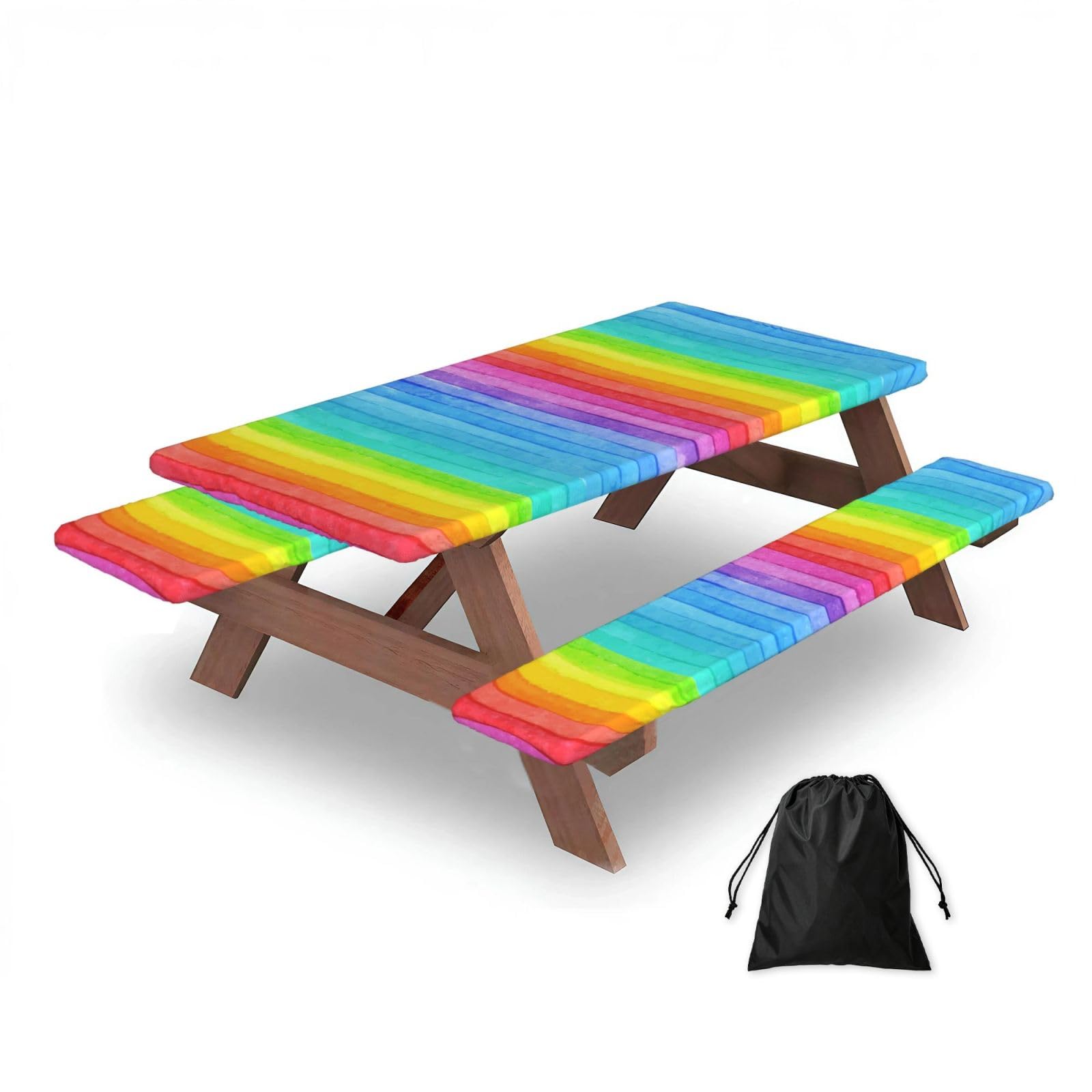 Watercolor Paint Bright Colors Line Artwork, Picnic Table Cover With Bench Covers -Waterproof Elastic Fitted Tablecloth for Garden Camping Patio 76x152cm