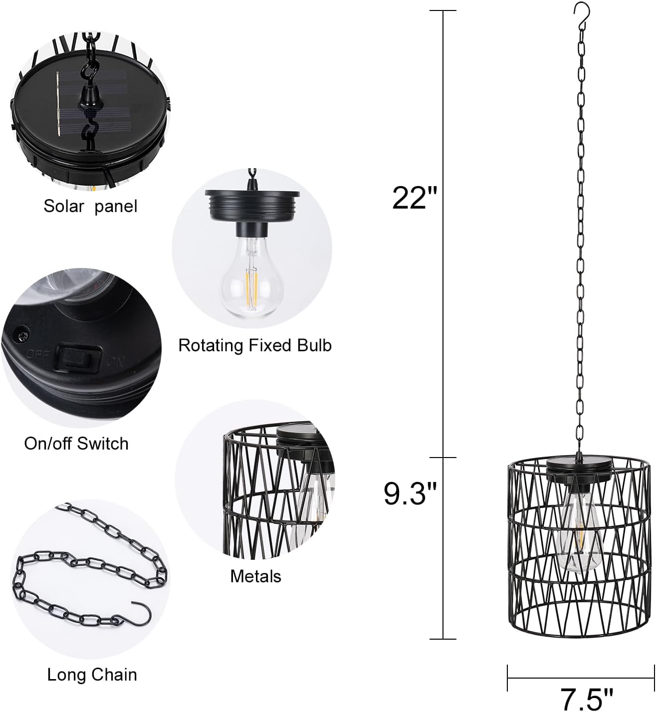 Livinlarge Hanging Pendant Lights,Metal Solar Outdoor Chandelier,Solar Hanging Lights with Warm White LED Bulb for Patio Garden Tree Pergola Gazebo Porch Yard Decor