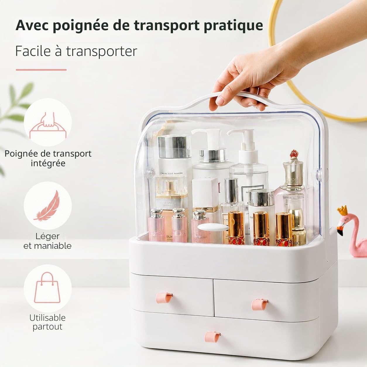 RMAN® Rangement Maquillage Organisateur avec Tiroirs et Couvercle Transparent Rotatif à 180 ° Rangement Parfum pour Coiffeuse, Salle de Bain, Chambre, Parfait pour Cadeaux de Noel (Rose)