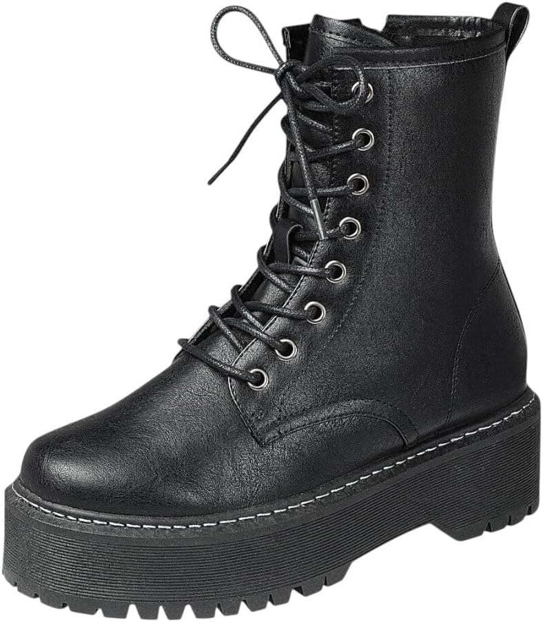 Forever Link Women Chunky Lug Sole Platform Lace up Fashion Combat Ankle Boot Side Zipper Short booties