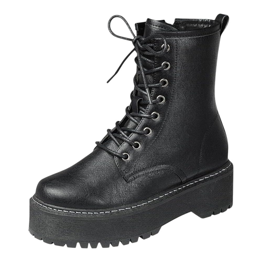 Forever Link Women Chunky Lug Sole Platform Lace up Fashion Combat Ankle Boot Side Zipper Short booties
