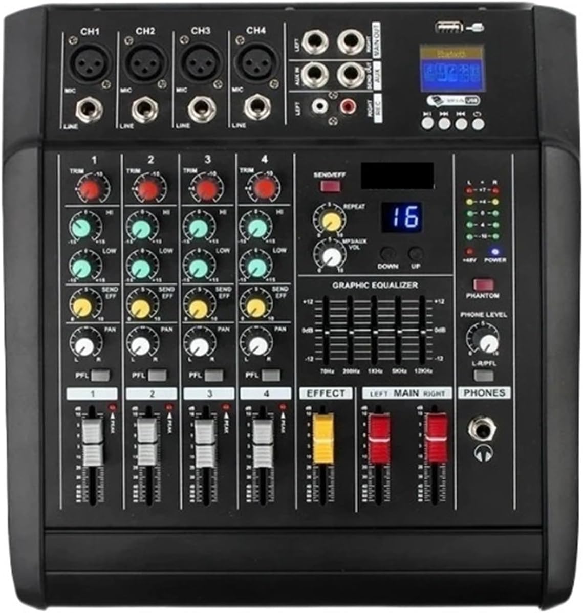 DJ Controller, 4-Way Power Amplifier Mixer 500W DJ Mixer Stage Equipment Computer Mixer e Phone Live Bluetooth Recording