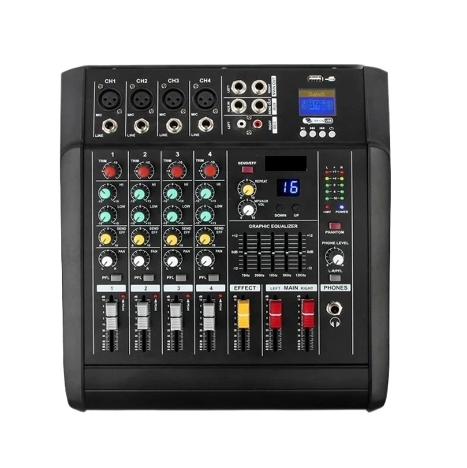 4-Way Power Amplifier Mixer 500W DJ Mixer Stage Equipment Computer Mixer e Phone Live Bluetooth Recording