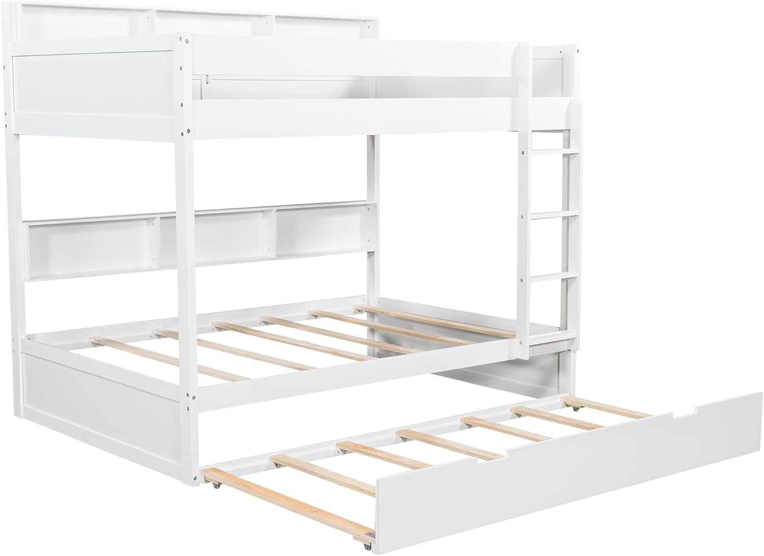 Twin Over Twin Bunk Bed with Trundle & Storage Shelves,Solid Wood Twin Size Bunk Bed Frame with Full-Length Safety Guardrails & Ladder for Kids Teens Bedroom Guest Room,No Box Spring Needed,White
