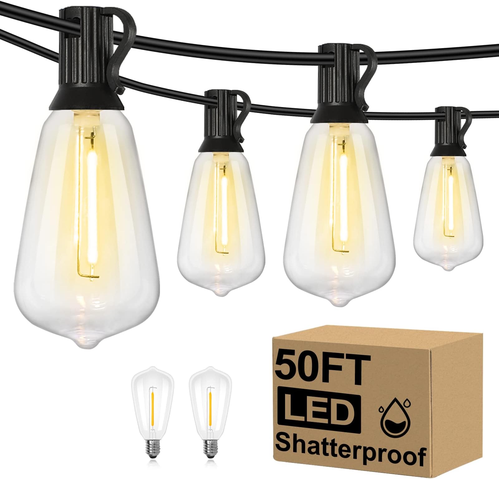 Brightever 50FT Outdoor String Lights Waterproof, 2700K Bright LED Patio Lights with 27 ST38 Shatterproof Vintage Bulbs, Retro Connectable Edison String Lights for Outside, Garden, Balcony, Porch