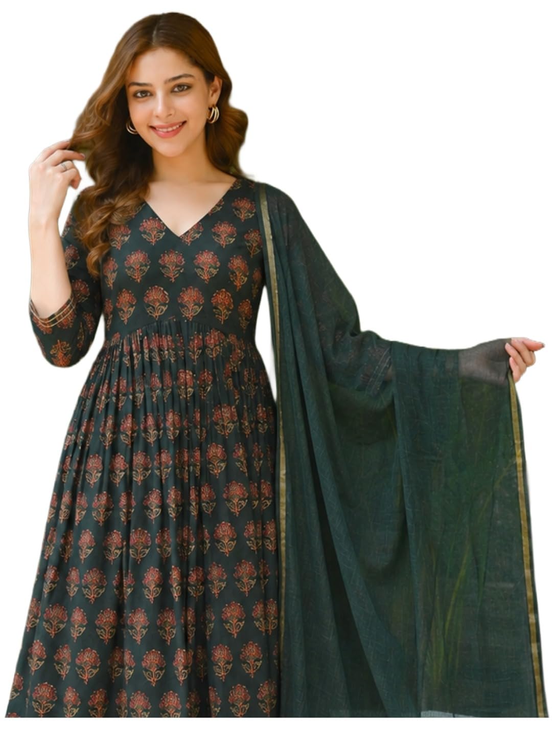 Kurta Sets for Women Viscose Blend Printed | Kurti Set for Woman | Anarkali Kurta Pant Dupatta Set | 3 Piece Set Women | V Neck 3/4 Sleeve Suit Set Stylish Ethnic Outfit Clothing-image-0