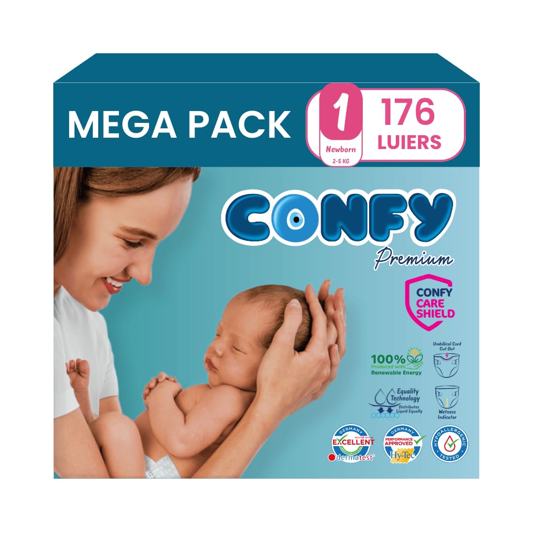 Confy Premium pieluchy dla niemowląt, rozmiar 1 (2 kg - 5 kg) - 176 sztuk, testowane dermatologicznie, super chłonne, wskaźnik oddawania moczu, CareShield