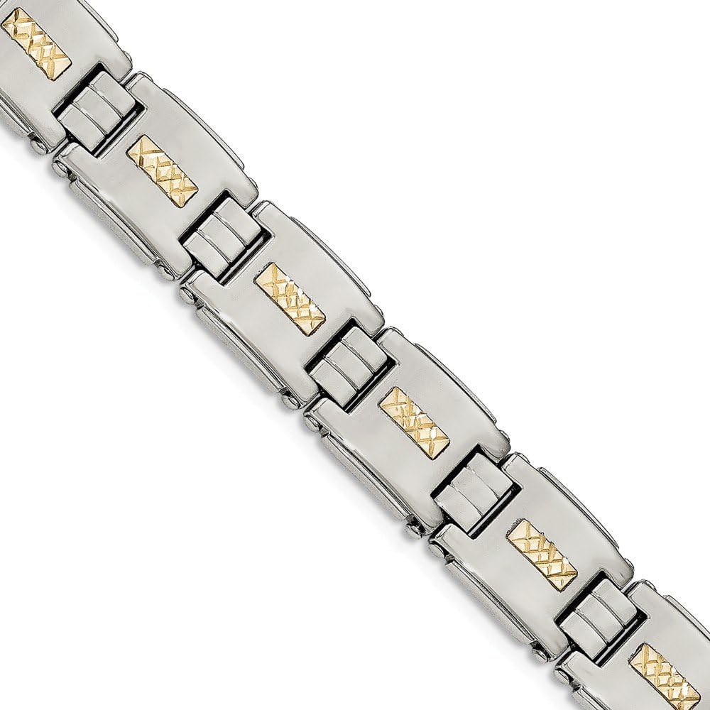 Stainless Steel Polished w/Real 14kt Gold Diamond Cut Link Chain Bracelet; 8 inch