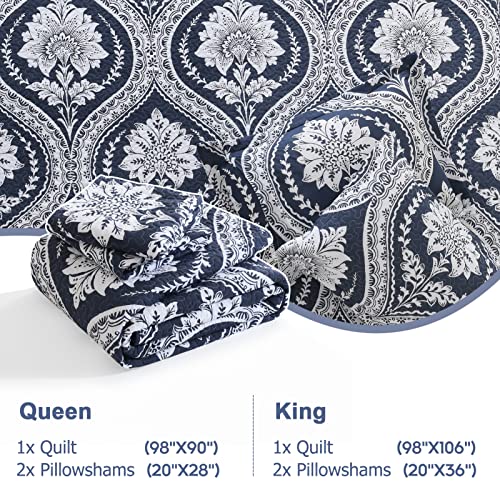 Finlonte Damask Quilt King Size, Cotton Quilt Navy White Bohemian King Quilt, Lightweight Soft King Quilted Bedspread For All Season, 3 Pieces #TOP4