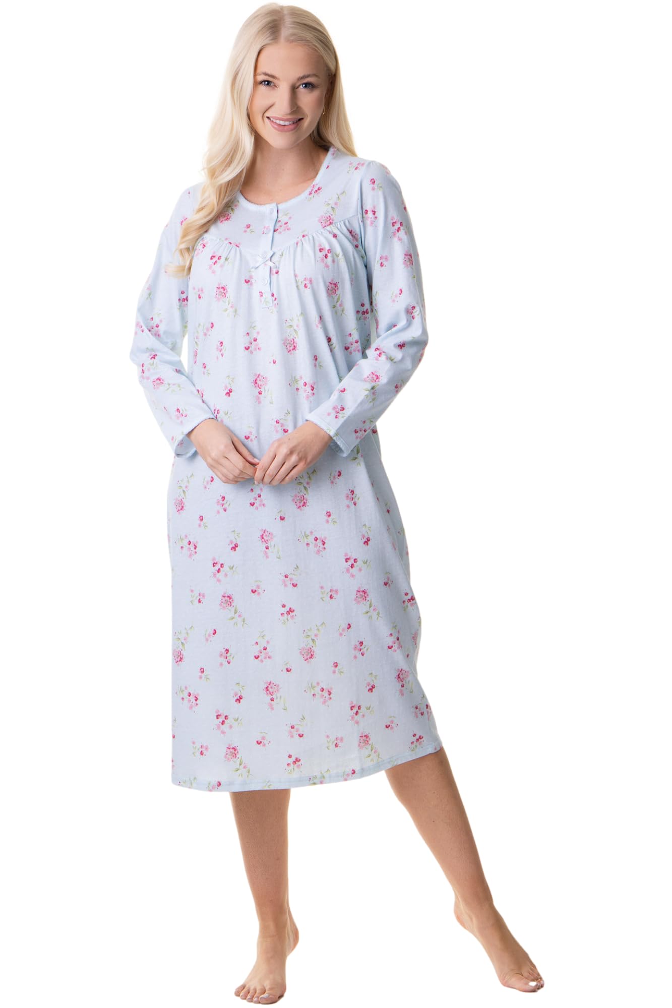Camille Camicia da notte da donna a maniche lunghe, 100% cotone, con chiusura a bottoni e scollo rotondo