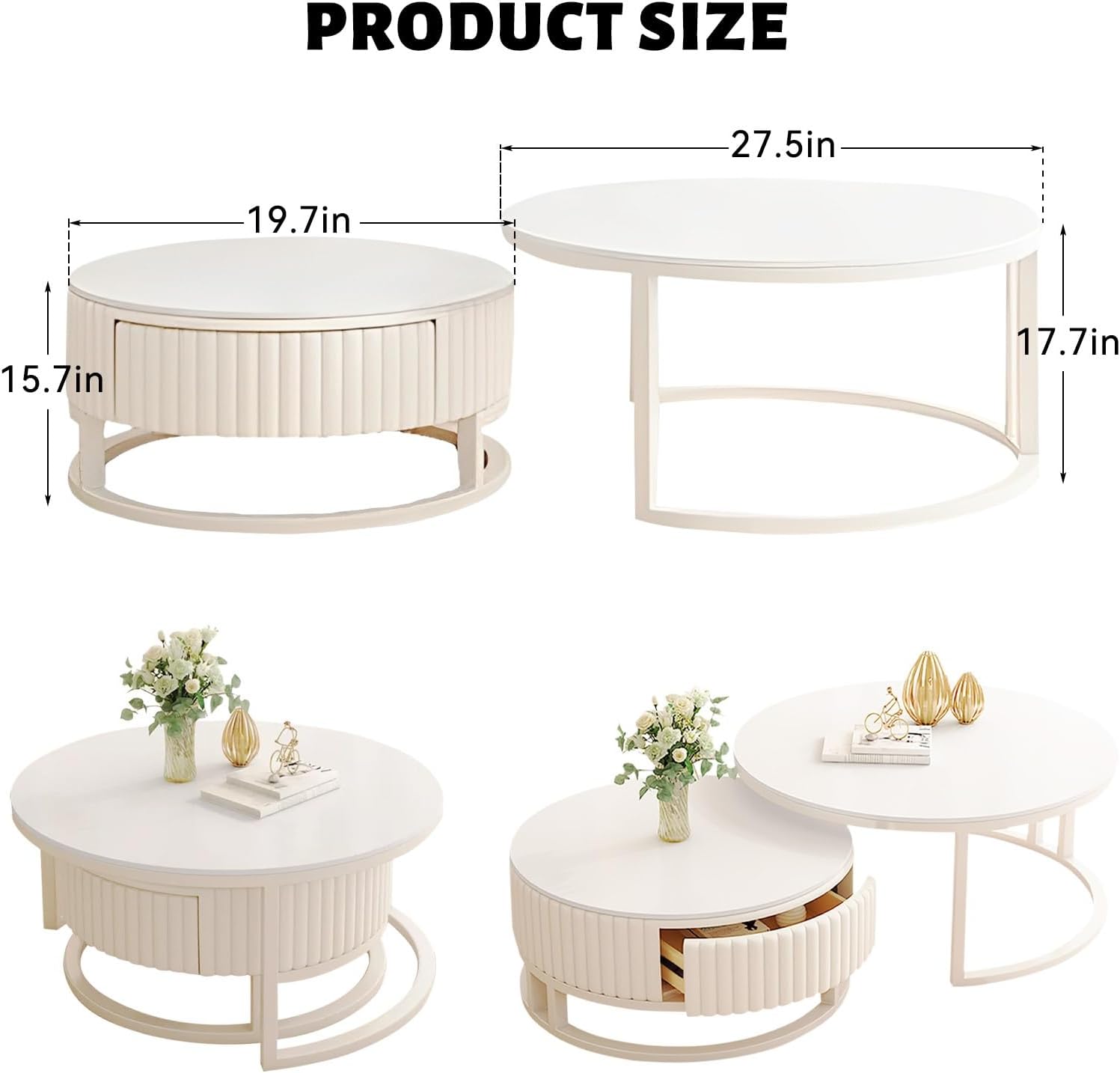 Round Coffee Table with Storage White Nesting Coffee Table Set of 2 Mid Century Modern Circle Coffee Tables Living Room with Marble Desktop for Home Living Room Reception Room Office