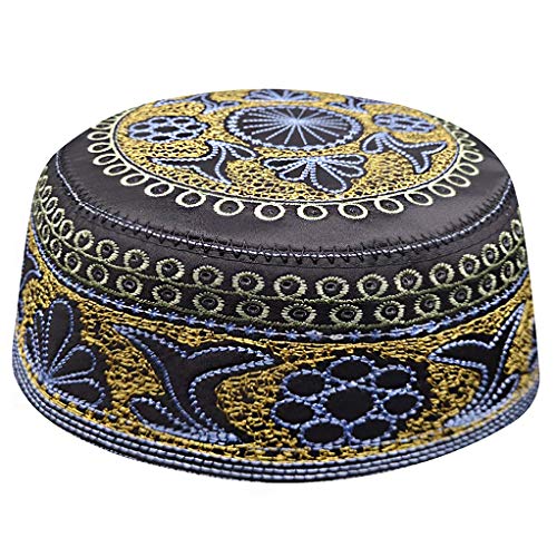 HIUHIU Neue Männer Schwarze Satin Gestickte Muslimischer Hut, Gebet Beanie Türkisch Arabisch Hüte Islamische Caps Kopftuch Kleidung Islamische Kippa Cover
