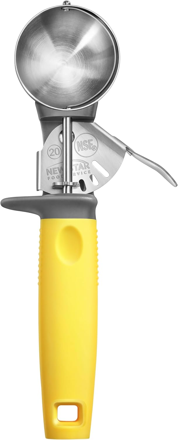 New Star Foodservice Commercial-Grade Thumb Press Food Disher/Ice Cream Scoop, #20, Yellow Handle, 18-8 Stainless Steel, NSF Certified