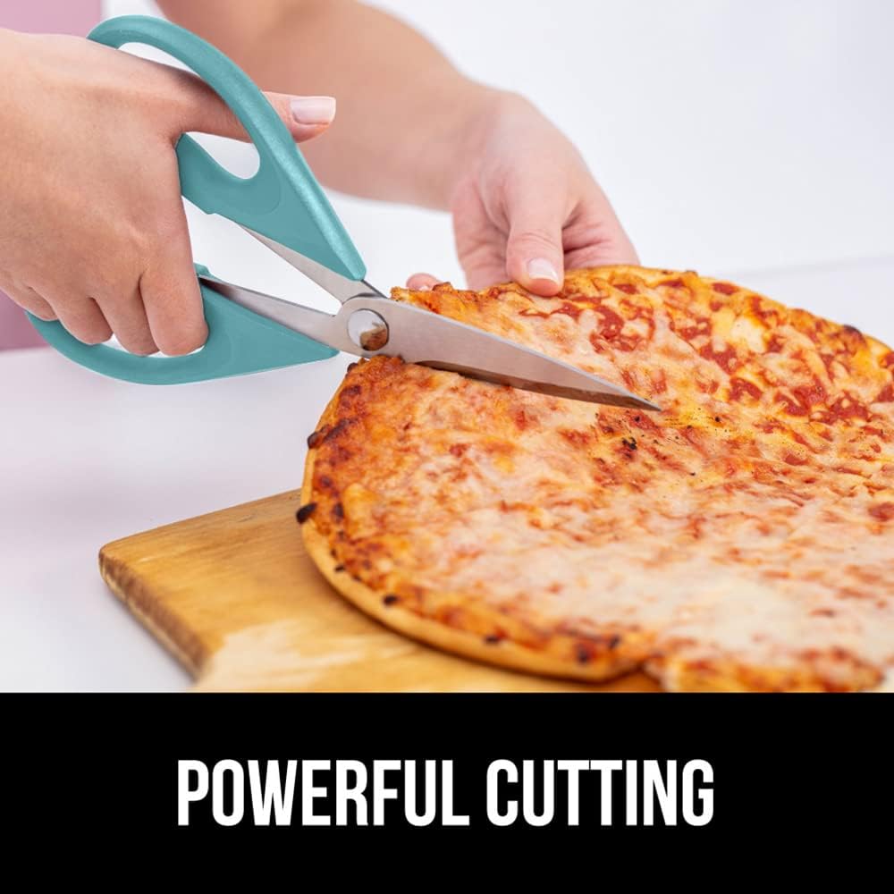 Gorilla Grip All Purpose Food Kitchen Shears, XL, 2 Pack, Heavy Duty, Stainless Steel Sharp Blades, Comfortable Handle Scissors with Blade Guard, Cutting Tool, Cut Meat, Poultry, Vegetables, Turquoise