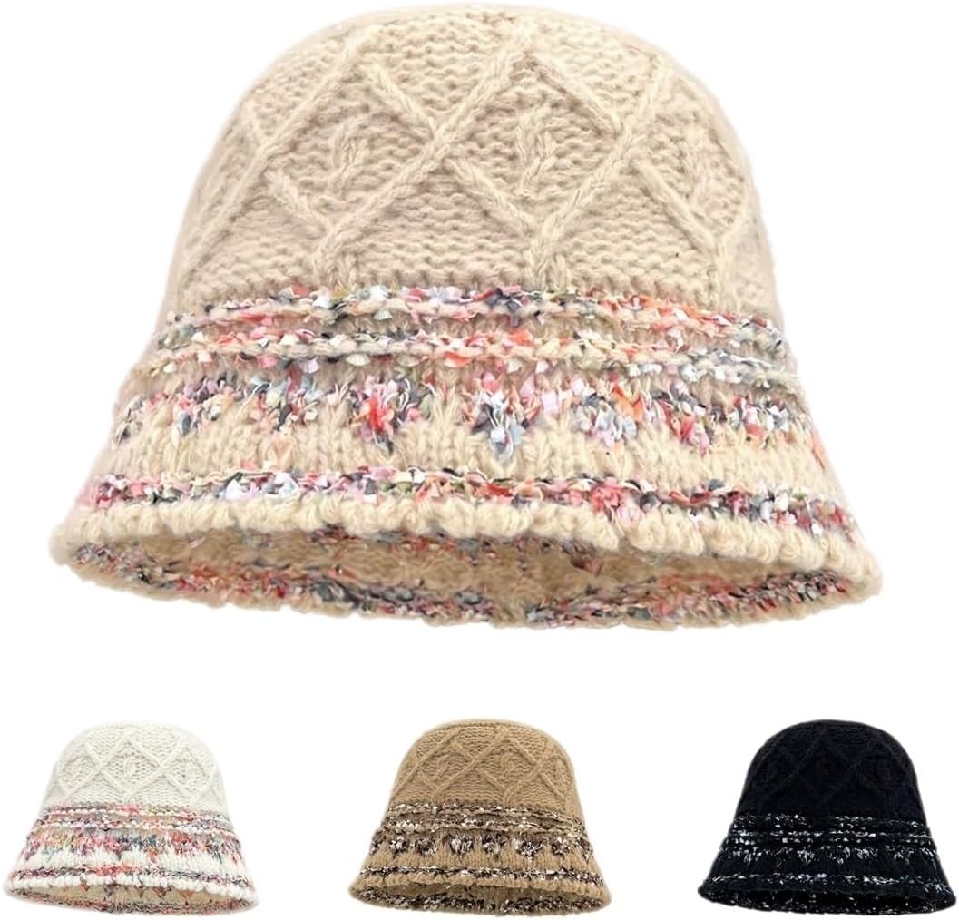 Versatile Women's Floral Knit Bucket Hat Warm Fisherman's Hats