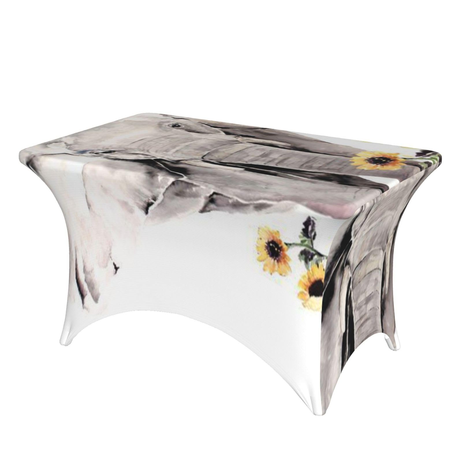 Dcehgew Elephant And Sunflower 4Ft Spandex Rectangular Table Cloth, Printed Fitted Elastic Tablecloths Washable Table Cover For Event, Wedding, Banquet & Party