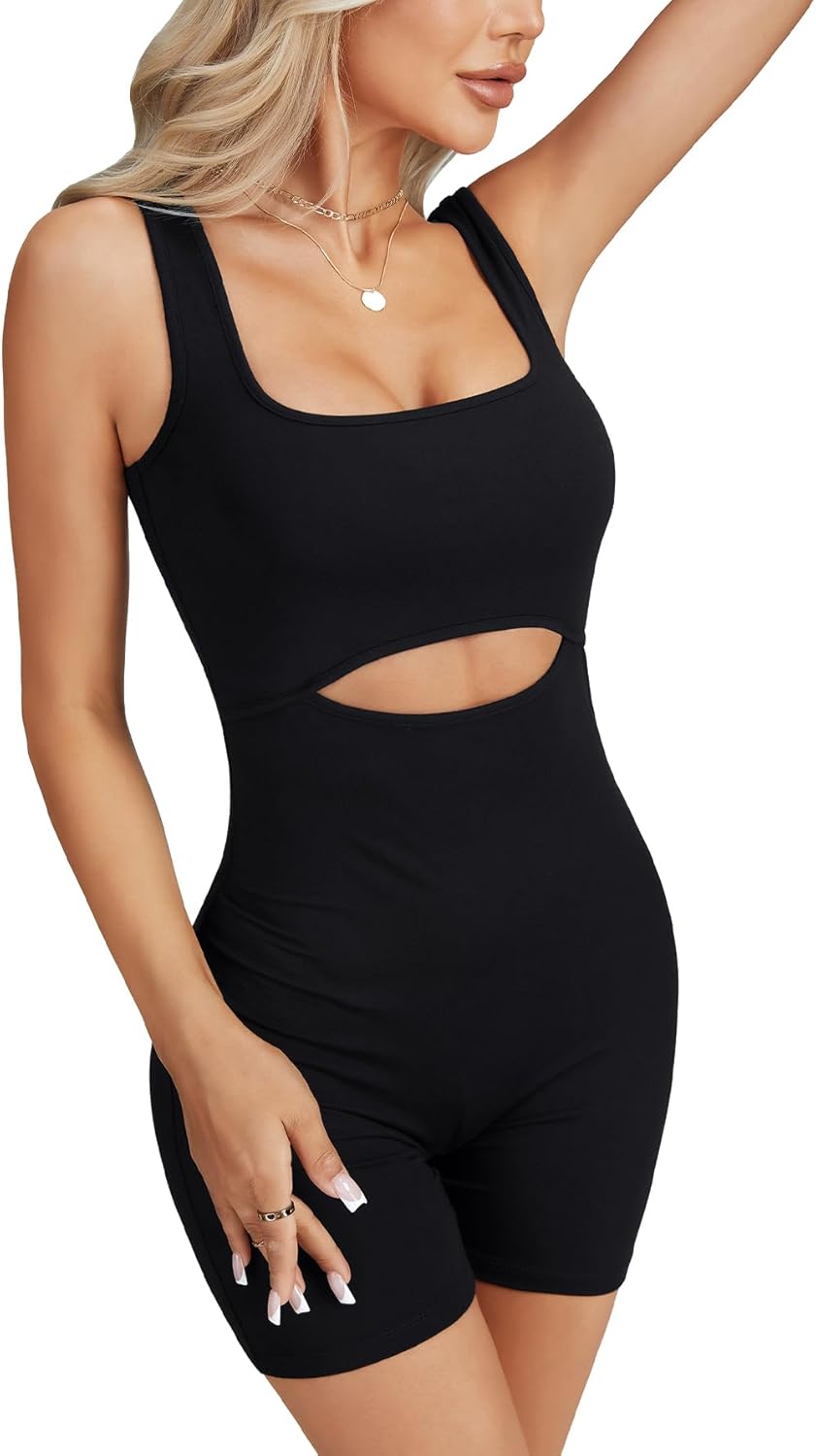 LYANER Women's Cut Out Square Neck Sleeveless Bodycon Workout Tank Jumpsuit Short Rompers - Image 4