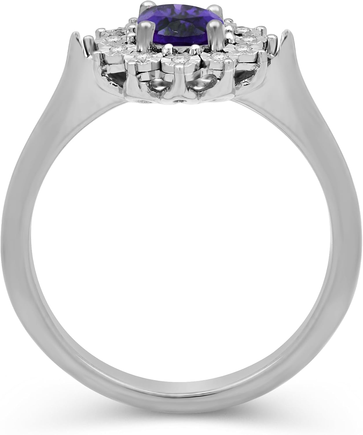 Jewelili Sterling Silver or Rose or Yellow Gold over Silver Flower Halo Engagement Ring for Women | 7X5 MM Oval Created or Genuine Gemstone & 1/20 CTTW Natural White Round Diamonds | Ring Size 7 | Luxury Jewelry| Gift Box Included