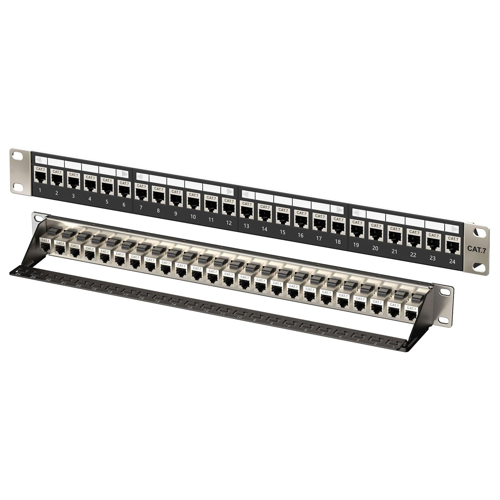Pannello patch Cat7 a 24 porte, montaggio a rack da 19", 1U schermato (STP) Keystone Patch Panel con 12 inserti modulo Keystone, 10 Gbps, 600 MHz, compatibile con Cat6/Cat5e, nero
