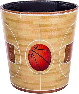 Scakbyer 10L/2.64 Gallon Trash Can, Decorative Waste Basket, PU Leather Waste Paper Basket, Waterproof Garbage Can for Bathroom, Bedroom, Office, Kitchen and Living Room - Basketball