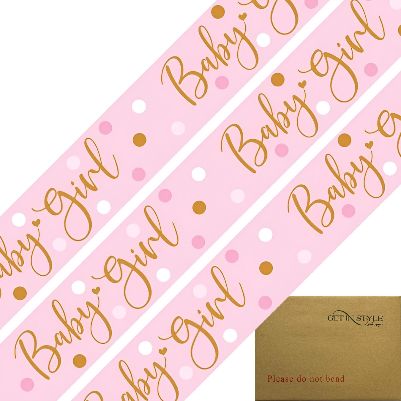 9ft Banner Baby Girl Baby Shower Pastel Pink Gold Script Holographic Foil Pennant (274cm)