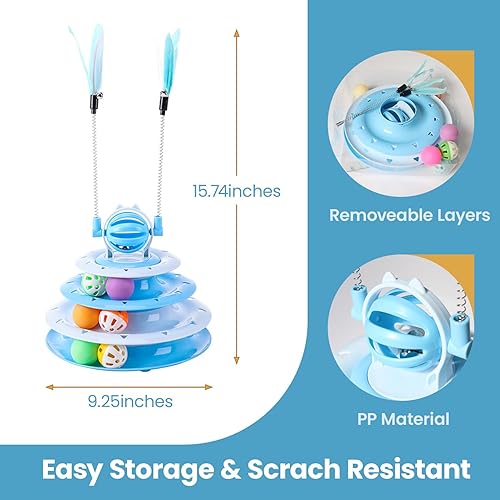 Miniatura 3 de Juguetes para gatitos, juguetes interactivos de rompecabezas para gatos de interior, torre para gatos con 2 juguetes y pista de bolas (azul)