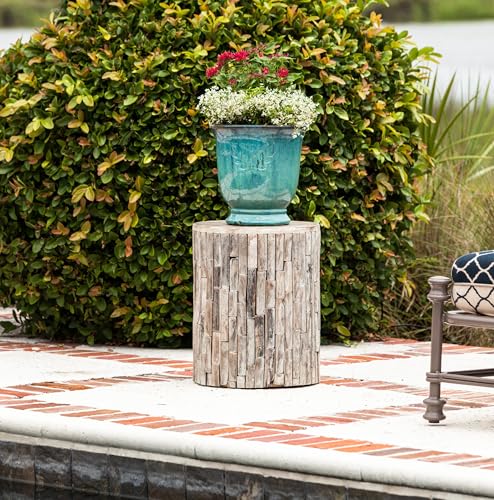 Patio Sense 62420 Elyse Round Rustic Garden Stool Wood Outdoor Seating & End Table Portable Adaptable Outdoor Furniture Ideal For Entertaining, Gardening & Decor - Seasoned Patina Finish May Vary