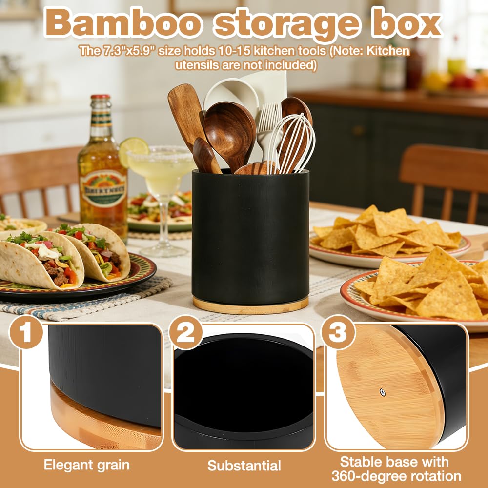 NAVESO Porta Mestoli da Cucina, Porta Utensili da Cucina in Legno Girevole a 360°, Impermeabile Portamestoli Cucinas per Cucchiaio, Frusta, Forchetta Nero
