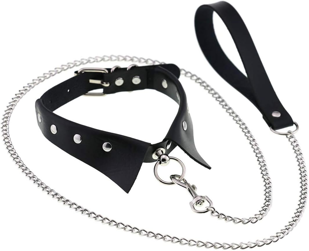 Punk Hauling Chain PU Leather Collar Necklace Neck Strap Gothic NightClub Goth Leash Belts Adjustable Size