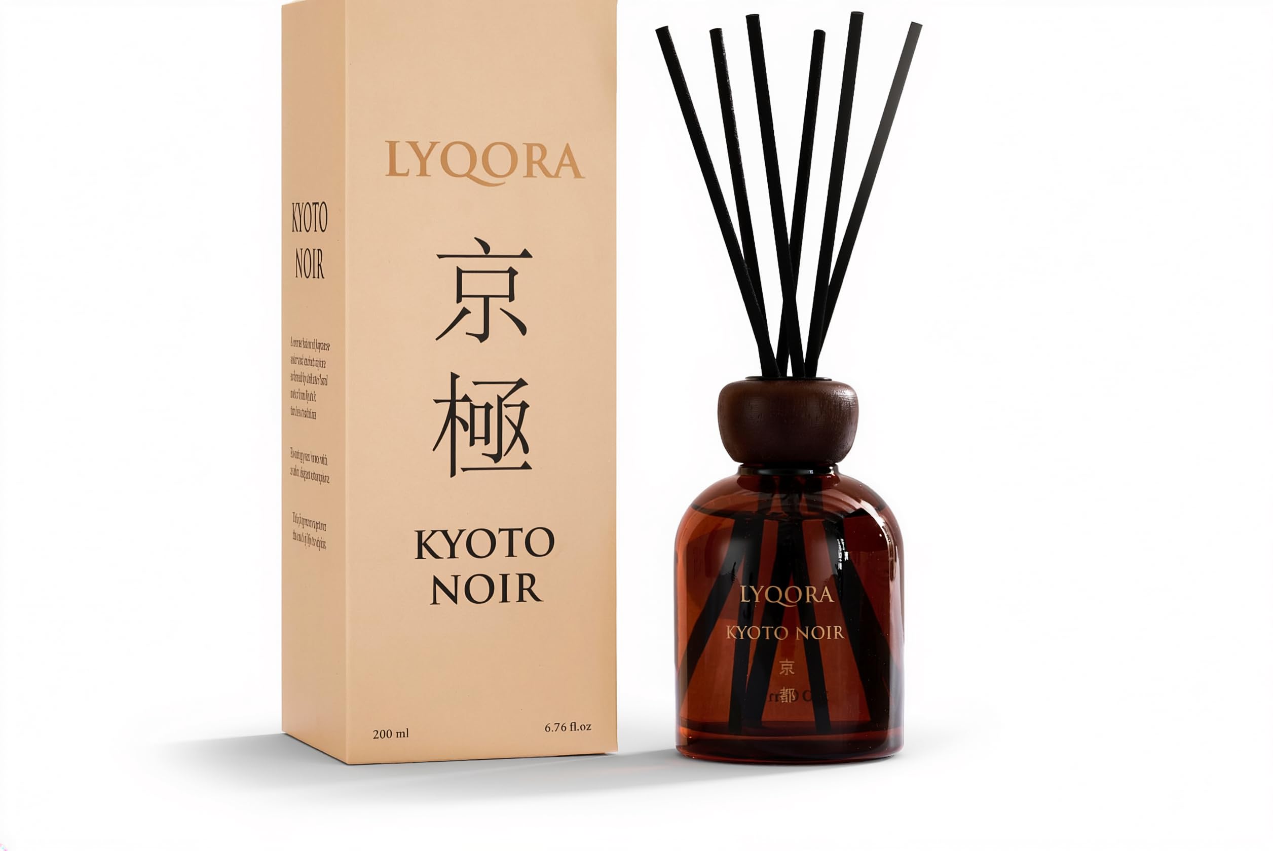 Kyoto Noir Luxus Raumduft – Premium Duftstäbchen 200 ml | Luxus Raumduft im edlen Amberglas mit Holzdeckel. Elegante Noten von Moschus & Amber für ein luxuriöses Premium Ambiente