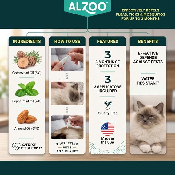 ALZOO Plant Based Flea & Tick Squeeze-On for Cats, Helps Repel Fleas, Ticks & Mosquitos, Up to 3-Months Protection, Plant-Based Active Ingredients, Water-Resistant, 3 EZ-On Applicators Per Pack