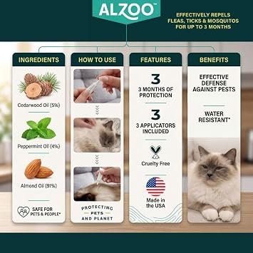 ALZOO Plant Based Flea & Tick Squeeze-On for Cats, Helps Repel Fleas, Ticks & Mosquitos, Up to 3-Months Protection, Plant-Based Active Ingredients, Water-Resistant, 3 EZ-On Applicators Per Pack