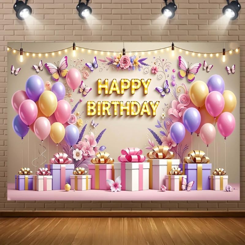 Image of Elegant Gold Color Happy Birthday Party Decoration Backdrop with Balloons, Gifts, and Floral Accents (Pack of 1)