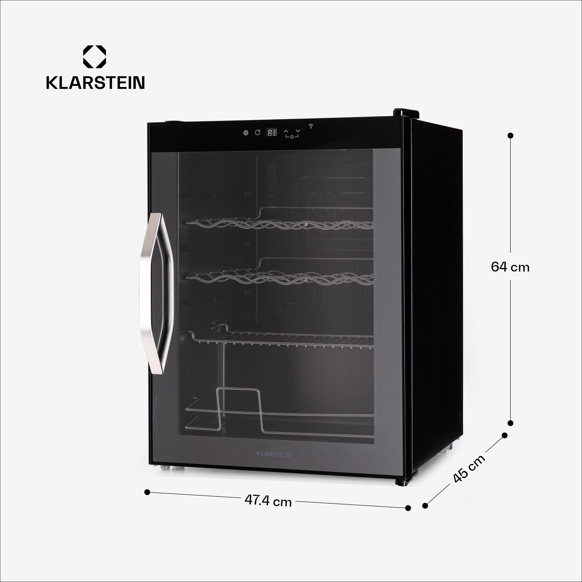 KLARSTEIN Coachella 60 Nevera para Bebidas - 60L Frigorífico para Bebidas con Wifi, Puerta de Cristal, Iluminación Led, 3-18°C, 3 Estantes Metálicos, 7 Colores, Negra