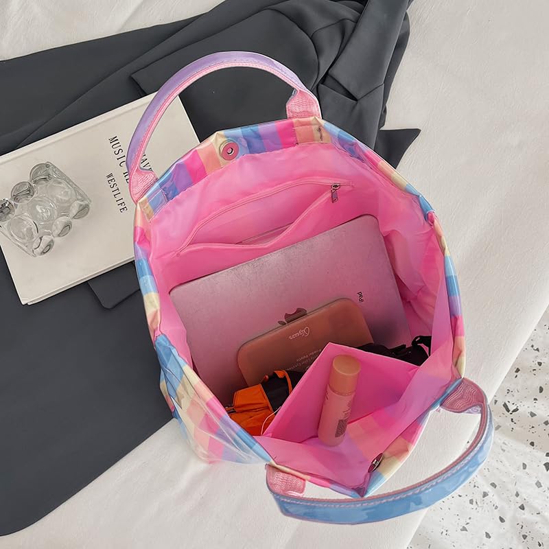 Image of Lushandy Striped PVC Tote Bag for Women, Checkered Plastic Tote Bag for Beach Pool Large Plaid Letters Print Hobo Handbag