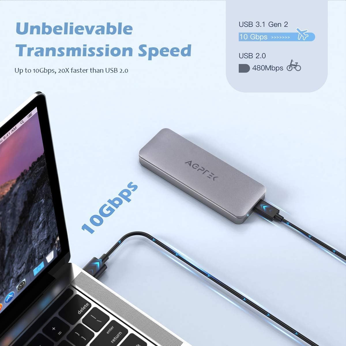 M.2 NVME SSD Enclosure, AGPTEK USB 3.1 Gen 2 to NVME PCI-E M-Key/B+M Key Tool-Free M.2 Enclosure Support UASP for NVME SSD Size 2230/2242/2260/2280