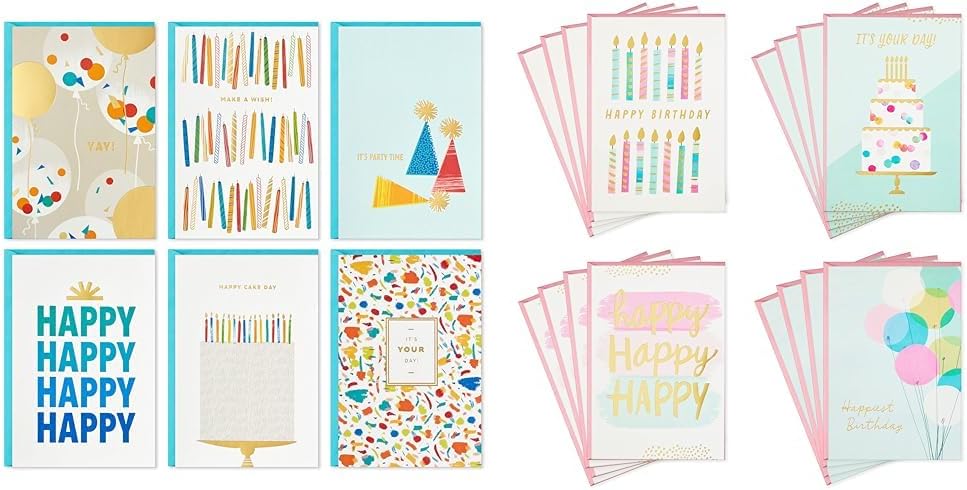 Hallmark Birthday Cards Assortment, 36 Cards with Envelopes (Party Time) & Birthday Cards Assortment, 16 Cards with Envelopes (Cake, Candles, Balloons)