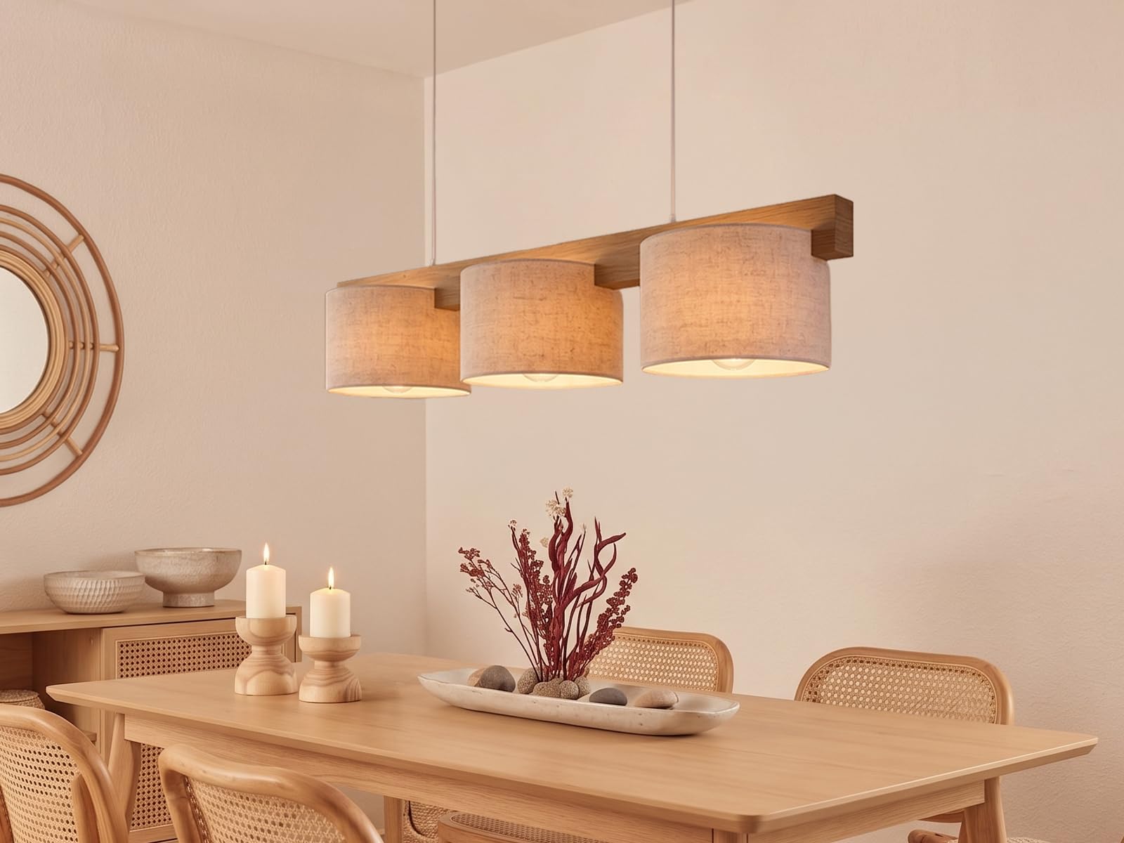 meineWunschleuchte Pendelleuchte mit Holzbalken & Stoff Beige, Breite 100cm, Esstischlampe Holz 3-flammig E27 skandinavisch