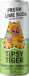 Tipsy Tiger Fresh Lime Soda Lemonade | Sparkling Soft Drink with Real Lemon | Less than 6% Sugar | Zero Artificial Flavours, Colours and Sweeteners | Refreshing Fizzy Beverage | Perfect Cocktail Mixer | 250ml x 6 Cans